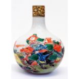 A small Chinese bulbous onion vase depicting a mother defending her child from two soldiers, bearing