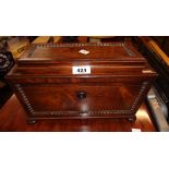 A 13" 19th Century rosewood sarcophagus twin compartment tea caddy with beaded boarders, two