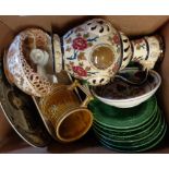 A box containing assorted ceramics including Zsolnay Pecs reticulated dish, Fischer of Budapest