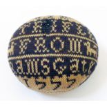 An 18th Century embroidered pin ball cushion, with text reading A Trifle from Ramsgate 1777, Ann