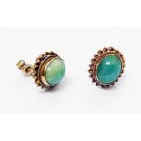 A pair of marked 9/375 yellow metal ear-rings, each set with oval cabochon jade panel within a