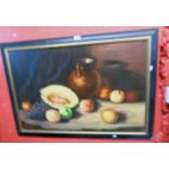 J. Lopez: an ebonised framed 20th Century oil on canvas still life with various fruits and copper