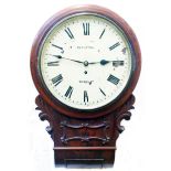 A 19th Century flame mahogany cased drop dial wall timepiece, the 12" painted dial marked for