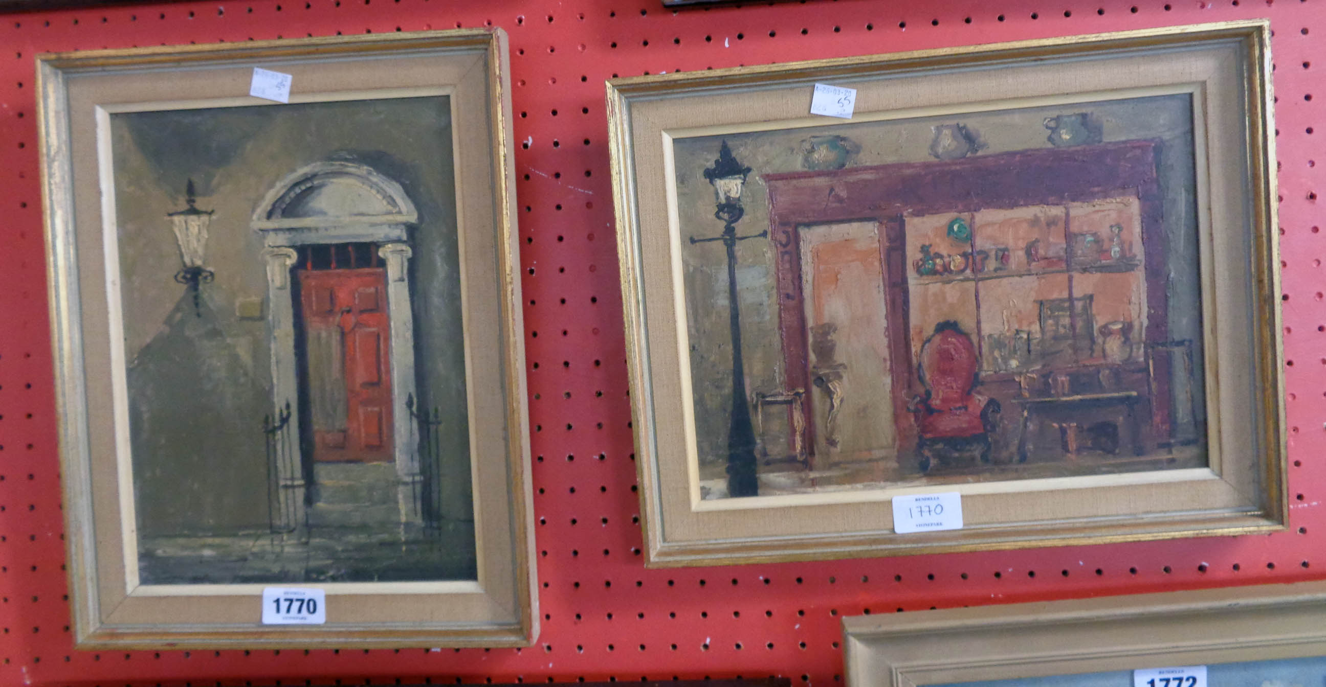 A pair of gilt and hessian framed vintage oils on board, one depicting a red doorway - signed