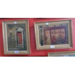 A pair of gilt and hessian framed vintage oils on board, one depicting a red doorway - signed