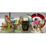 A collection of eight bird figurines including Karl Ens owl, Royal Adderley bullfinch, Goebel,