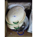 Two vintage enamel roasting tins, basin and mug - sold with a pewter tray and four tankards