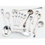 Two silver fiddle pattern ladles, long stem preserve spoon, strainer and caddy spoon - sold with