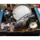 A box containing a quantity of silver plated items including a converted Etruscan revival wine