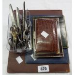A collection of leather folding frames and a crocodile skin Alex Jones & Co. London wallet - sold