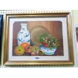 Vera Wright: a gilt framed oil on board still life with vase, plate, bowl of flowers and fruits -