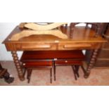 A 4' Victorian mahogany side table with two frieze drawers, set on bobbin turned front supports -