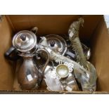 A quantity of silver plated items including a pair of pheasant table ornaments, serpentine box (