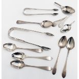 A pair of antique Glasgow silver sugar tongs, another pair and assorted silver teaspoons including