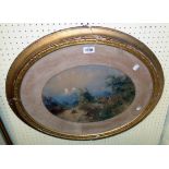Edward Richardson: a gilt framed oval watercolour depicting figures beside a river in a lakeland