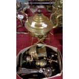 A small quantity of metalware including Taylor Ltd. cast brass ostrich, brass spirit kettle and