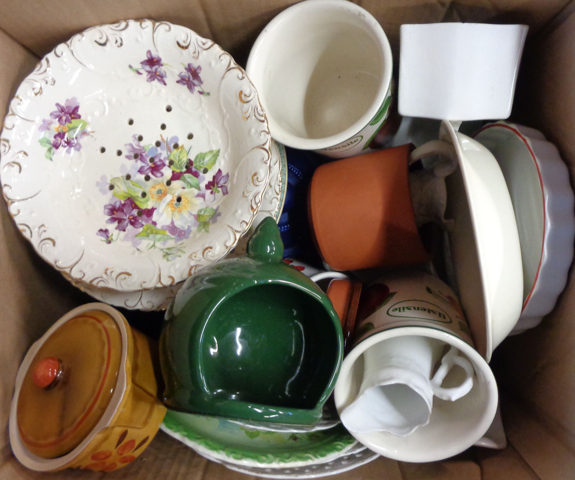 A box containing assorted china including plates, comport, ramekins, etc.