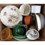 A box containing assorted china including plates, comport, ramekins, etc.