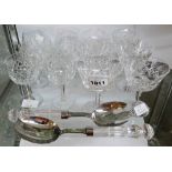 A pair of unmarked crystal salad servers in Waterford box, a set of six Stuart champagne glasses,