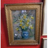 A gilt framed watercolour still life with Chinese vase full of daffodils - inscribed verso P. J.