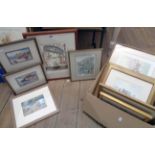 A collection of framed decorative coloured prints including Suffolk and Cornwall views, seaside