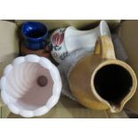 A box containing a Radford hand painted vase, a Beswick vase, a Watcombe blue part glazed jug, and
