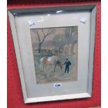 Elizabeth Scott-Moore NEAC: a framed watercolour, depicting a figure with horse in a landscape -