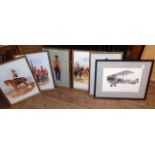 Five gilt framed coloured prints, depicting military uniforms and figures - sold with a monochrome