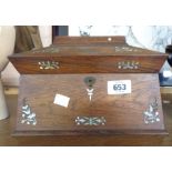 A Victorian rosewood sarcophagus shaped tea caddy with mother of pearl inlay and another stained