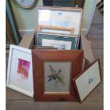 A box containing decorative coloured prints including abstract and reproduction bird study - many of
