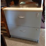 A 25 1/2" modern two drawer filing chest with wooden laminate top, grey painted finish and keys