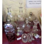 Fifteen pieces of glassware including 19th Century rummer, decanters, cranberry cruet, knife