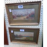 A pair of small gilt framed and slipped watercolours, depicting rural views - signed with initials