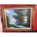 Mike Nance: a gilt and hessian framed oil on board depicting a rural track with trees and