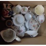 A box of assorted china including Coalport mask head jug, etc. - sold with a quantity of drinking