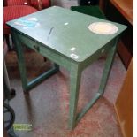 A 24" old side table with frieze drawer, the later painted marbled finish top with trompe l'oeuil