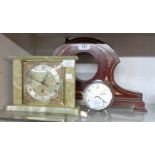 An early 20th Century inlaid walnut mantel clock case, a Tempora green onyx battery timepiece and