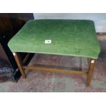 A vintage stained wood framed dressing stool with upholstered seat, set on moulded square supports