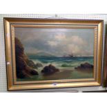 W. Richards: a gilt framed oil on canvas coastal seascape with sailing vessels in distance -