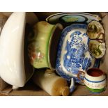 A box containing assorted china including large Willow pattern tureen and ladle, Torquay pottery,