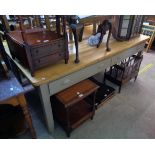 A 6' 6" Victorian pine farmhouse kitchen table with four opposing frieze drawers, the original thick