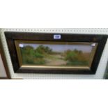 An oak and gilt slip framed gouache painting, depicting a rural track - indistinctly signed