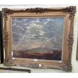 An ornate gilt framed oil on board, depicting a menacing skyscape - indistinctly signed - 18 1/4"