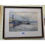 Gwen Richards: a Hogarth framed oil on paper, depicting a dockland landscape from the river -