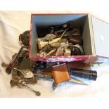 A box of collectables including souvenir spoons, plated cutlery, etc.
