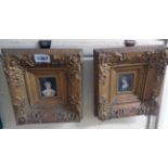 A pair of ornate gilt framed 19th Century portrait miniatures, one depicting a young woman in