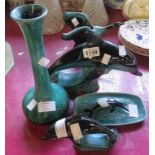 Two Poole dolphins and a dolphin dish - sold with a Blue Mountain goose and vase