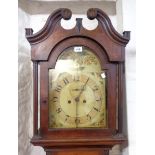 A 19th Century oak longcase clock, the 12" painted arched dial with floral bouquet to top and