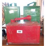 A vintage Shellmex two gallon petrol can, a 1950's military issue similar, and a one gallon can -