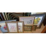 Seven framed decorative pictures comprising reproduction Chinese images, floral study prints and two